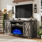 AMERLIFE Fireplace TV Stand with Sliding Barn Door for TVs up to 73", Farmhouse 63" Fireplace Entertainment Center with Storage Cabinets/Adjustable Shelves, Distressed White & Barnwood