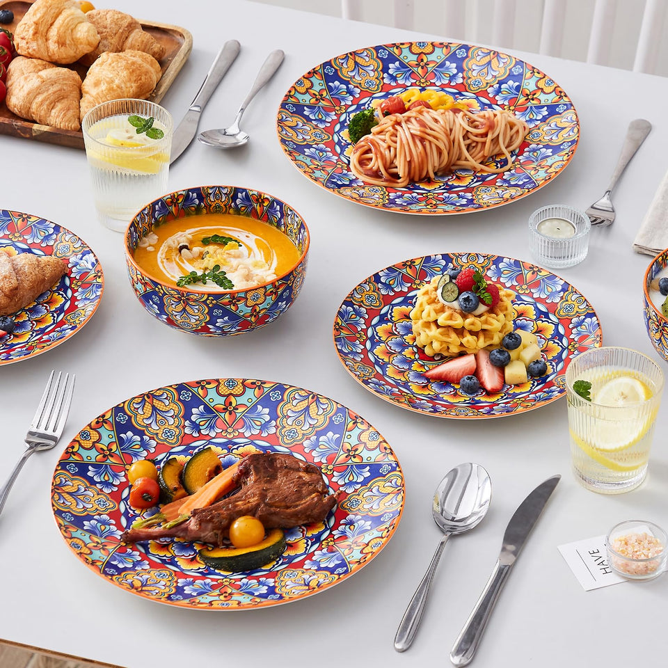 vancasso 24 Pieces Dinnerware Sets, Plates and Bowls Set, Porcelain Dishes Set for 6, Microwave and Dishwasher Safe, Scratch Resistant, Bohemian Style Dining Ware Service for 6, Series SIMI