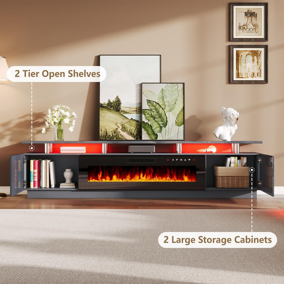 AMERLIFE Fireplace TV Stand with 36" Fireplace, 70" Modern High Gloss Fireplace Entertainment Center LED Lights, 2 Tier TV Console Cabinet for TVs Up to 80", Obsidian Black