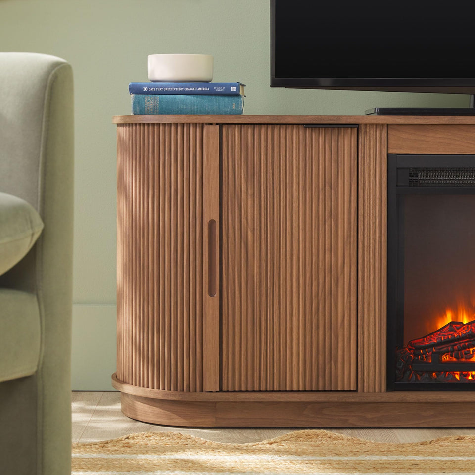 Walker Edison Chloe Reeded TV Stand with Fireplace Insert, 75 Inch, 70 Inch, Coastal Oak