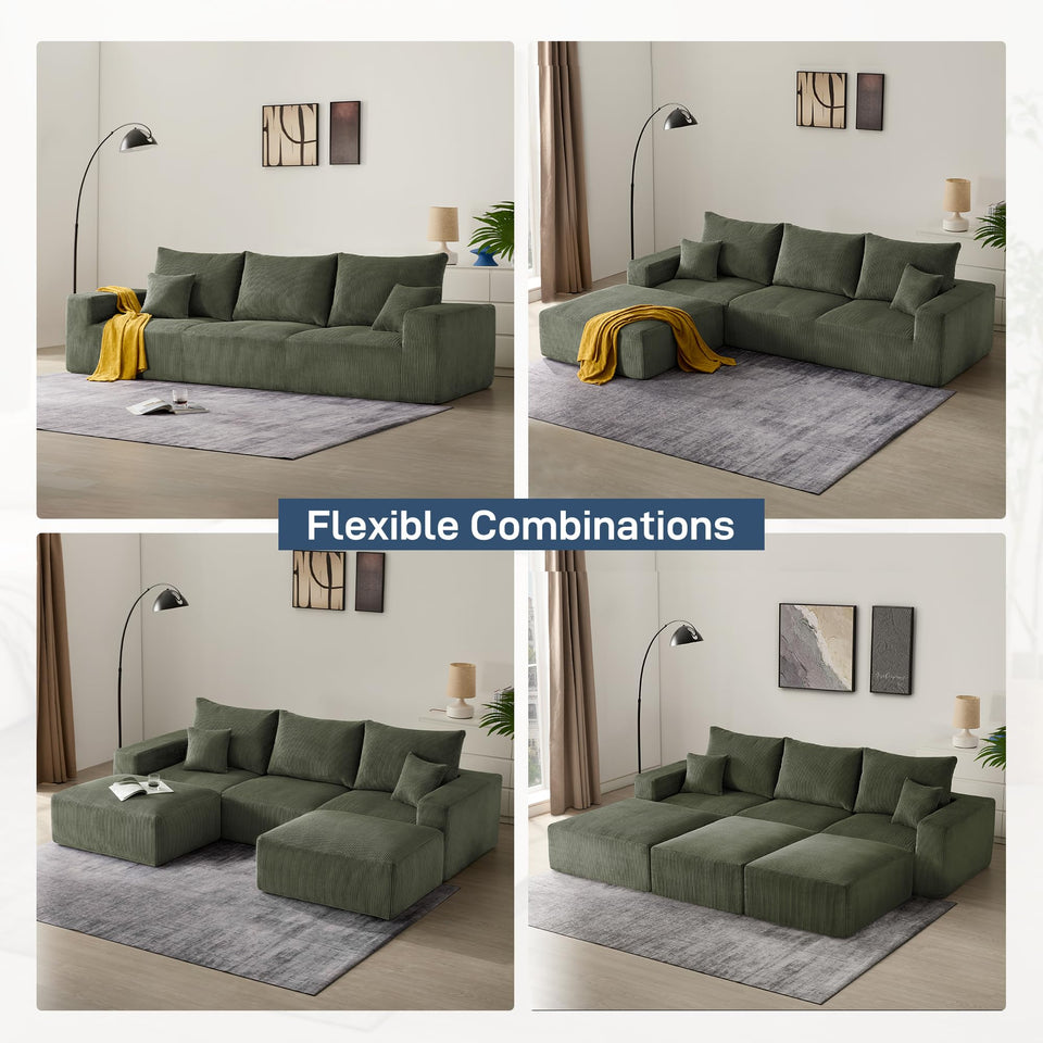 Sectional Cloud Boneless Sofa Couches for Living Room-113'' Beige 3 Seater U-Shaped Modern Lounge Couch-No Assembly Modular Corduroy Convertible Sponge Sleeper Sofas with Chaise for Home House