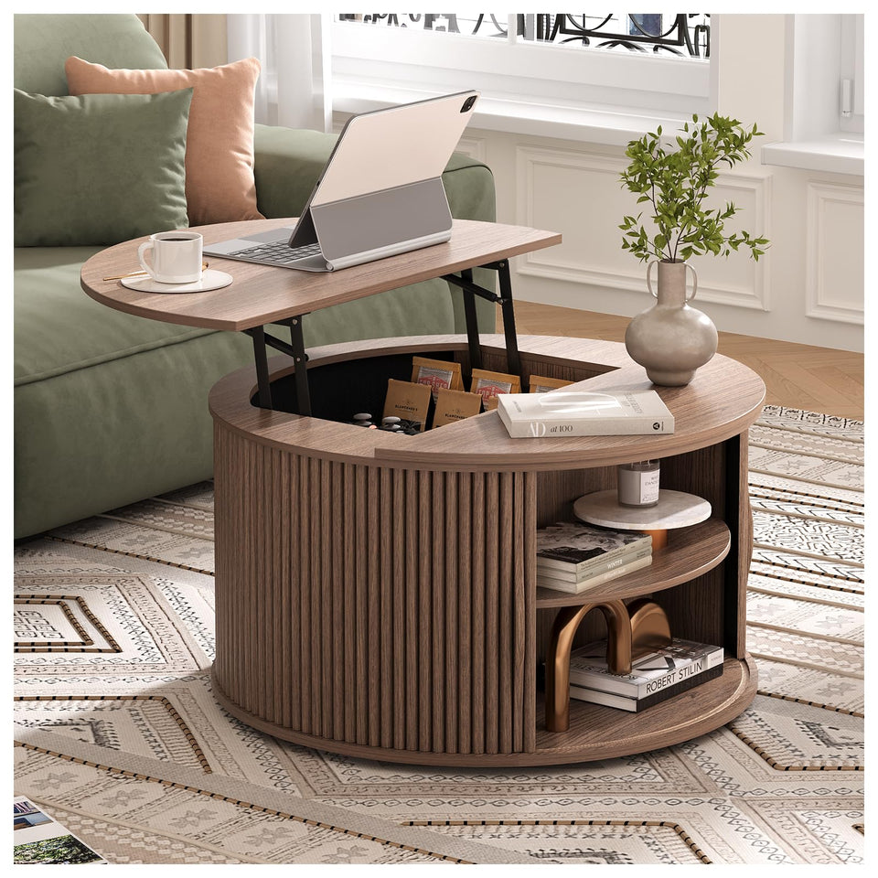 JOINICE, Round Coffee Table with Storage, Mid Century Modern Center Table with Sliding Cabinet Door, Fluted Dining Table for Living Room, Home Small Space, 31.5", Walnut