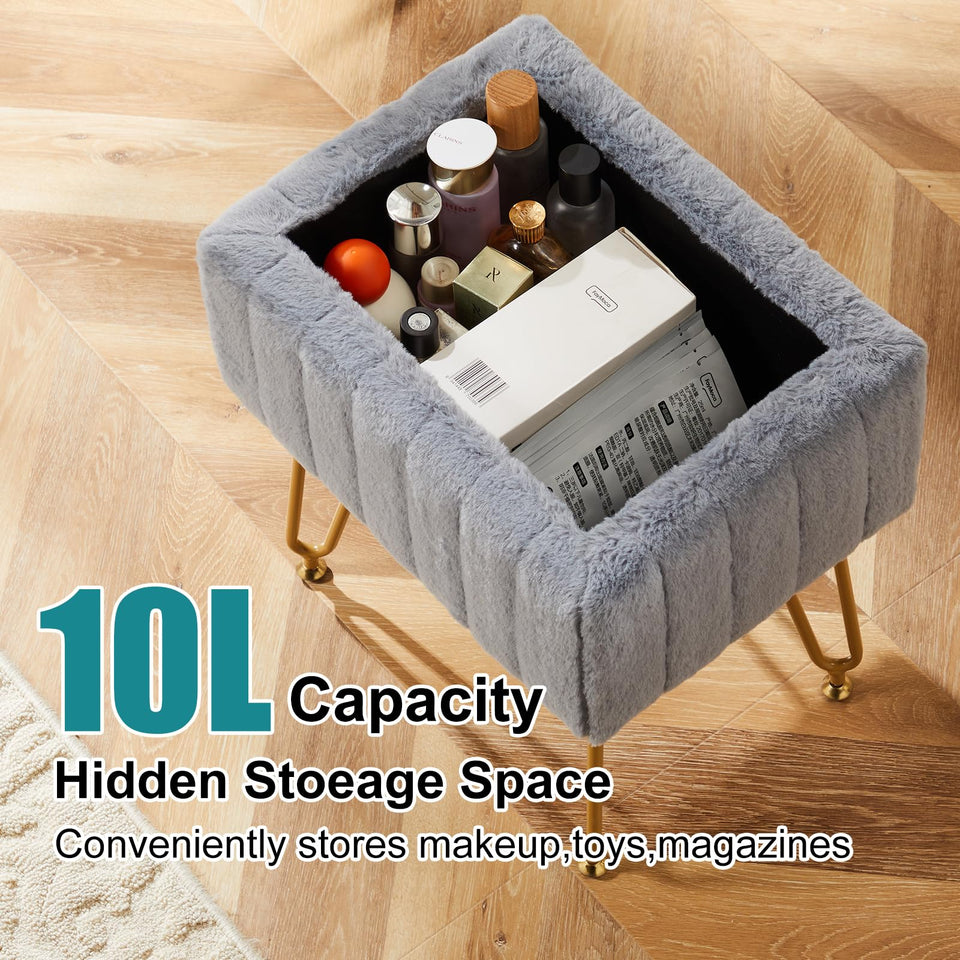 DUMOS Vanity Stool Chair, Ottoman with Storage, Makeup Cute Soft Small Footstool, Modern Style Faux Fur Seat with 4 Metal Legs & Adjustable Feet for Dressing, Living Room, Bedroom, Dorm, Grey