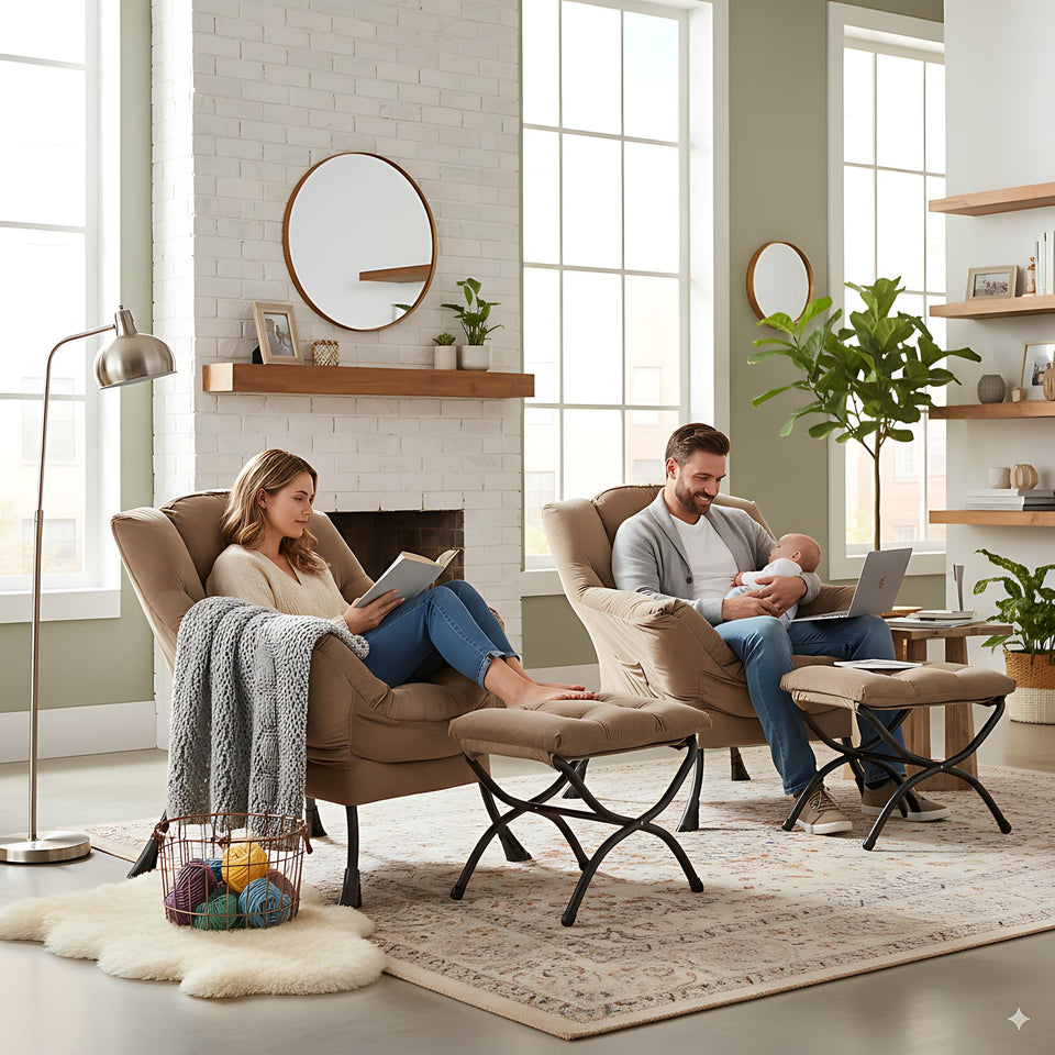 LITA Lazy Chair with Ottoman, Modern Accent Leisure Upholstered Lazy Sofa Armchair, Contemporary Lounge Reading Chair with Armrests and a Side Pocket for Living Room, Bedroom & Small Space, Dark Grey