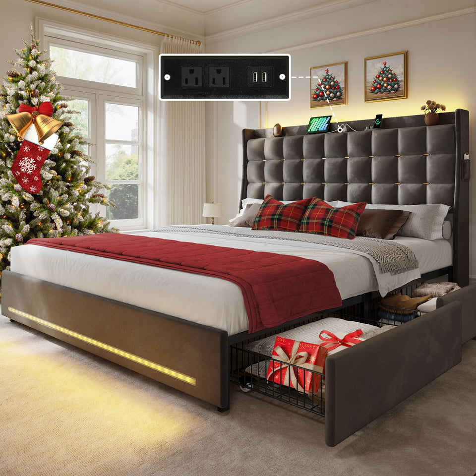 YITAHOME King Size Bed Frame with 4 Drawers and RGB LED Lights, Velvet Upholstered Platform Bed with Charging Station and Storage Headboard, No Box Spring Needed, Easy Assembly, Noise-Free, Black