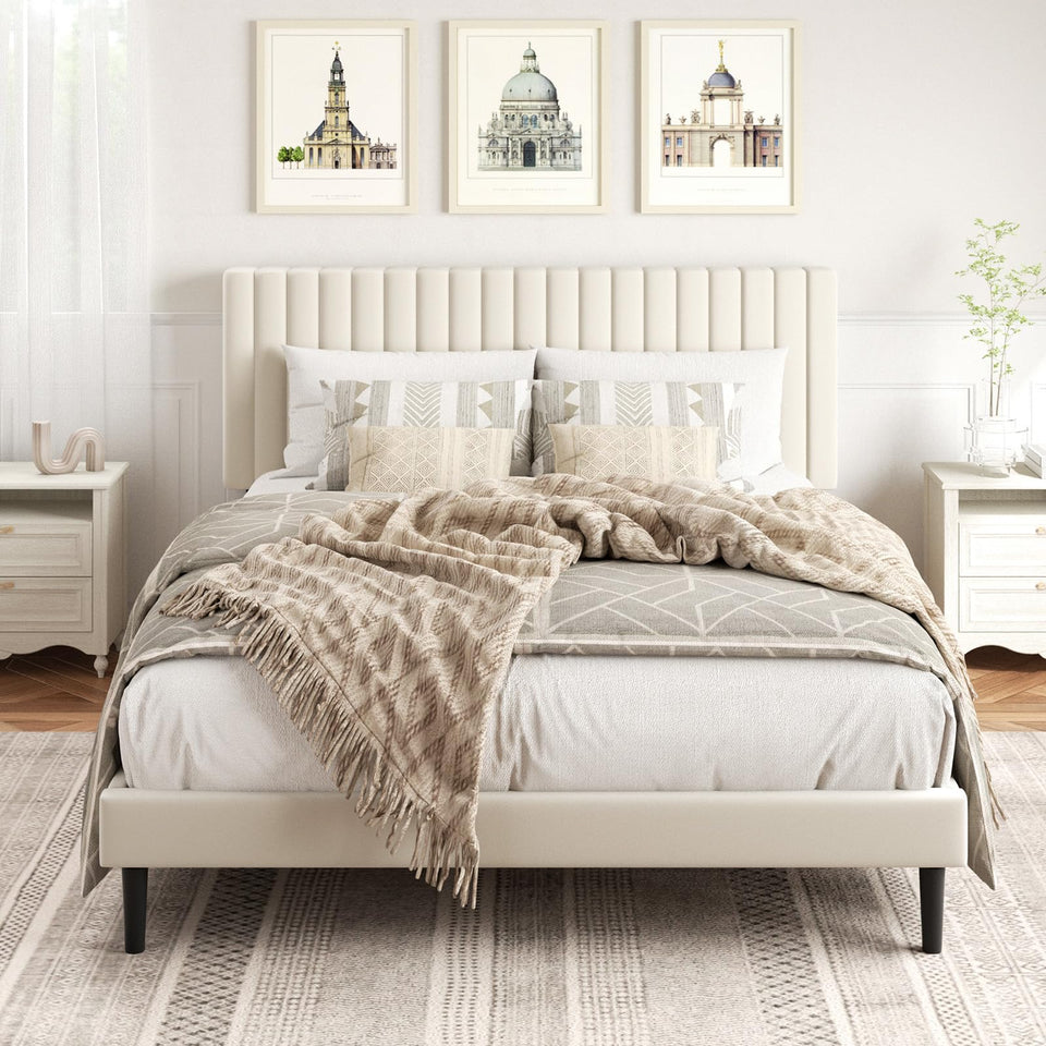 HAOARA King Size Bed Frame,King Size Platform Bed Frame and Velvet Upholstered Headboard with Strong Wood Slats, Box Spring Optional, Mattress Foundation, Easy Assembly Beige