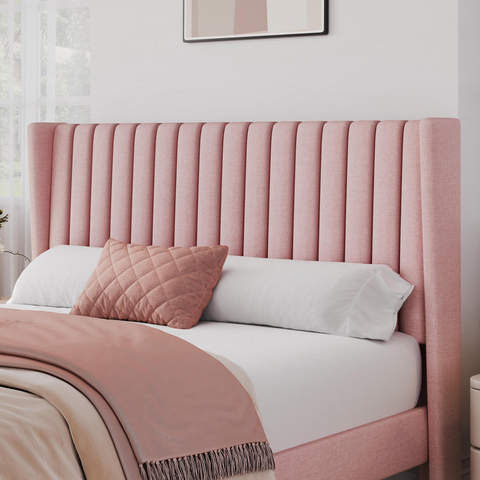 Yaheetech King Bed Frame Upholstered Platform Bed with Fabric Headboard, Wing Edge Design/Non-Slip and Noise-Free/Wooden Slats Support/No Box Spring Needed/Easy Assembly, Ivory King Bed