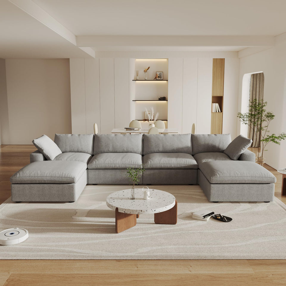 160.6" Cloud Couch Modular Sectional Sofa for Livingroom,Oversized Convertible Sofa with Storage Ottomans,6 Seat Wide Couches,Cushion Covers Removable (Khaki, 6 Seater)