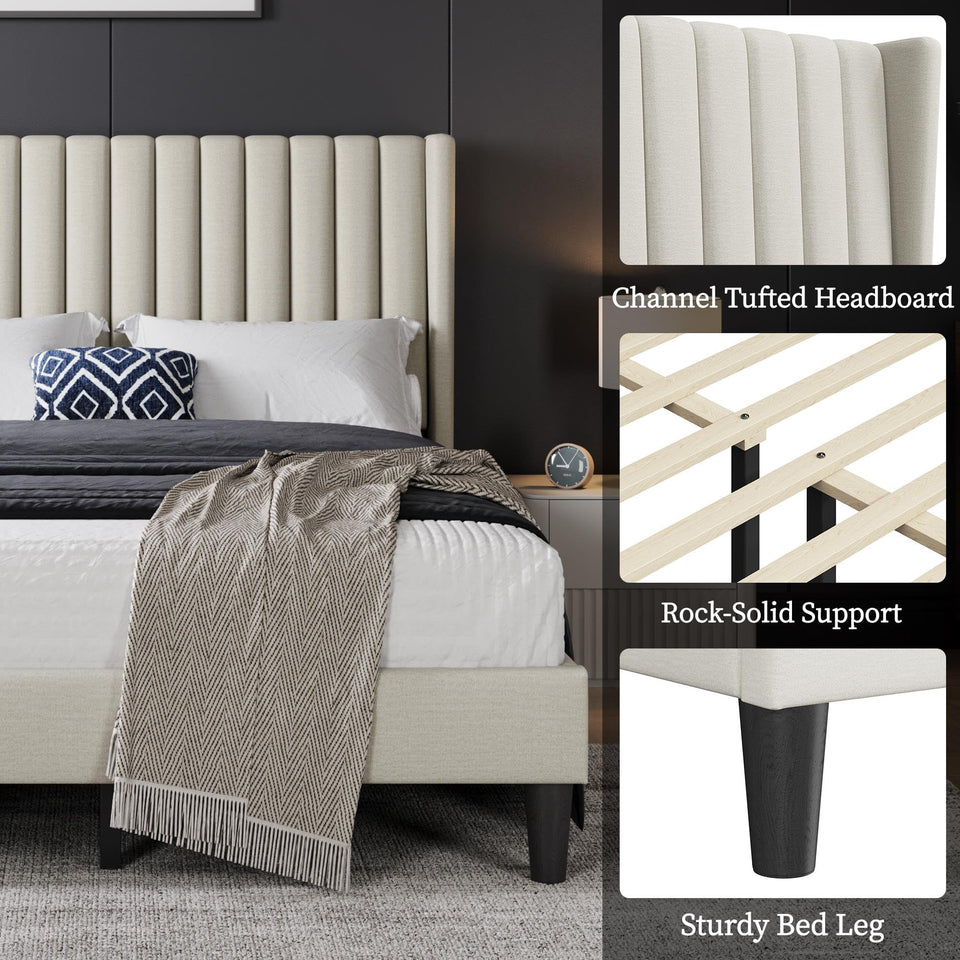 Yaheetech King Bed Frame Upholstered Platform Bed with Fabric Headboard, Wing Edge Design/Non-Slip and Noise-Free/Wooden Slats Support/No Box Spring Needed/Easy Assembly, Ivory King Bed