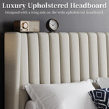 Yaheetech King Bed Frame Upholstered Platform Bed with Fabric Headboard, Wing Edge Design/Non-Slip and Noise-Free/Wooden Slats Support/No Box Spring Needed/Easy Assembly, Ivory King Bed