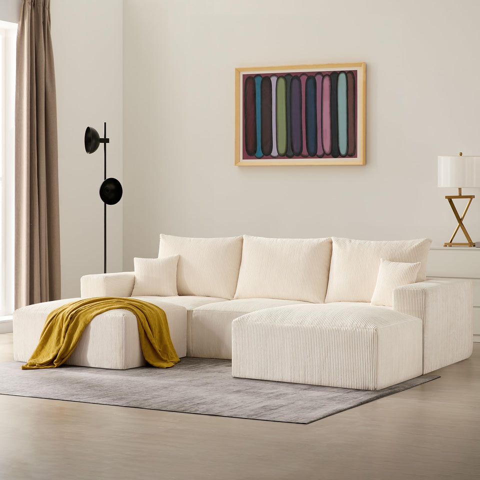 Sectional Cloud Boneless Sofa Couches for Living Room-113'' Beige 3 Seater U-Shaped Modern Lounge Couch-No Assembly Modular Corduroy Convertible Sponge Sleeper Sofas with Chaise for Home House
