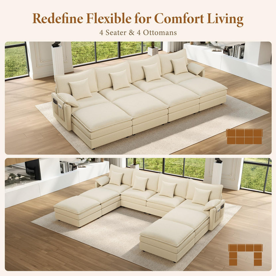 Vesgantti 142" U Shaped Sectional Couch, Comfy Cloud Modular Sectional Sofa with 2 Ottoman Deep Seat Chenille Modern Cloud Sofa, Modular Sofas for Living Room, Bedroom and Apartment, Beige