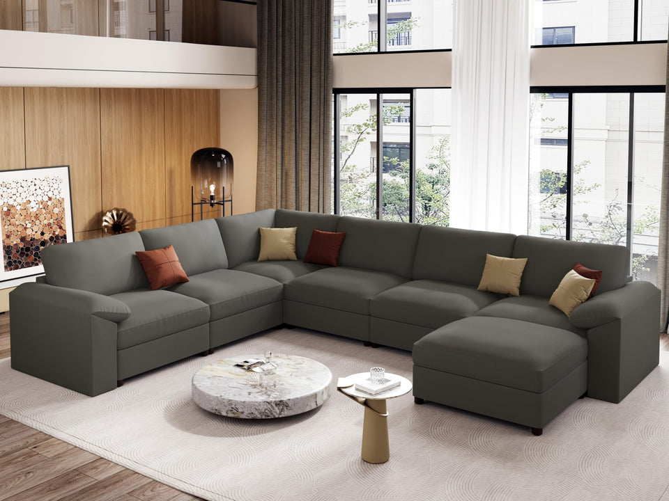 EASE MOOSE Leather Sectional Couch, Oversized Modular Sectional Sofas, Wide Deep Seat Modular Couch, Scratch Resistant Faux Leather Material, L Shaped Sofa for Big Spaces,Beige