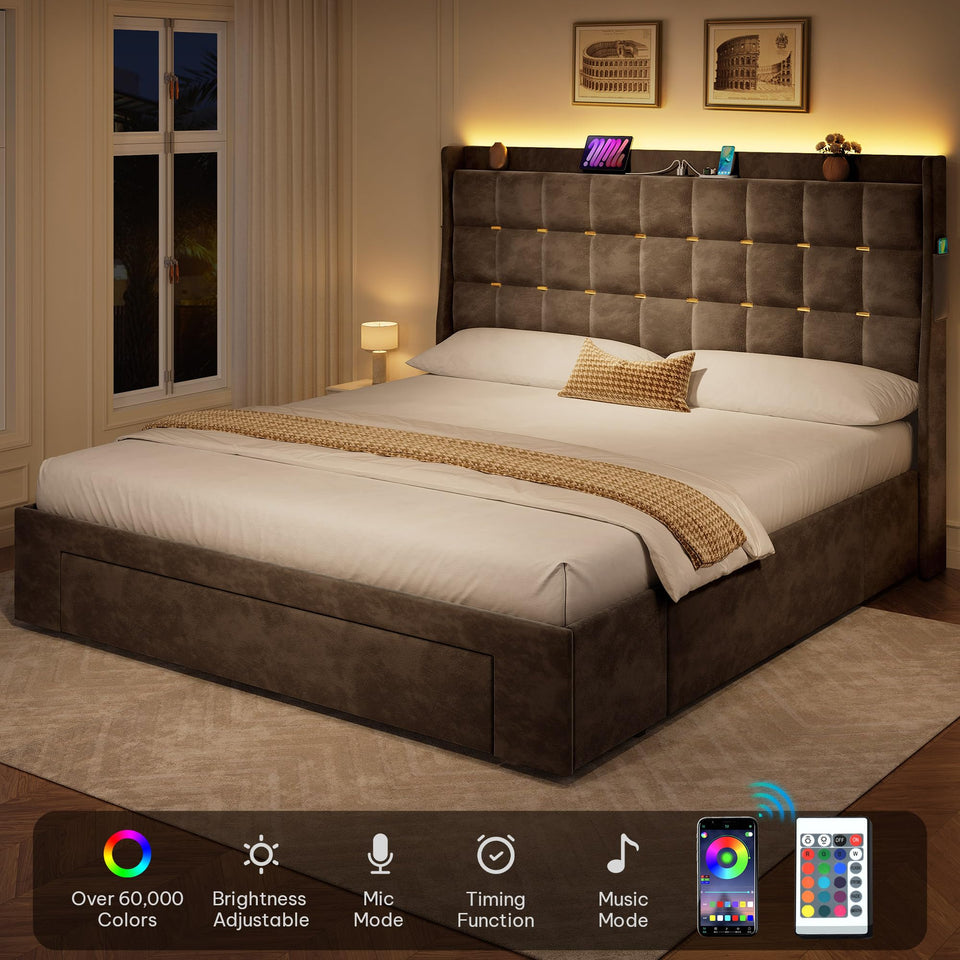 YITAHOME King Size Bed Frame with 3 Storage Drawers and RGB LED Lights, Velvet Upholstered Bed with Charging Station and Storage Headboard, No Box Spring Needed, Easy Assembly, Noise-Free, Grey