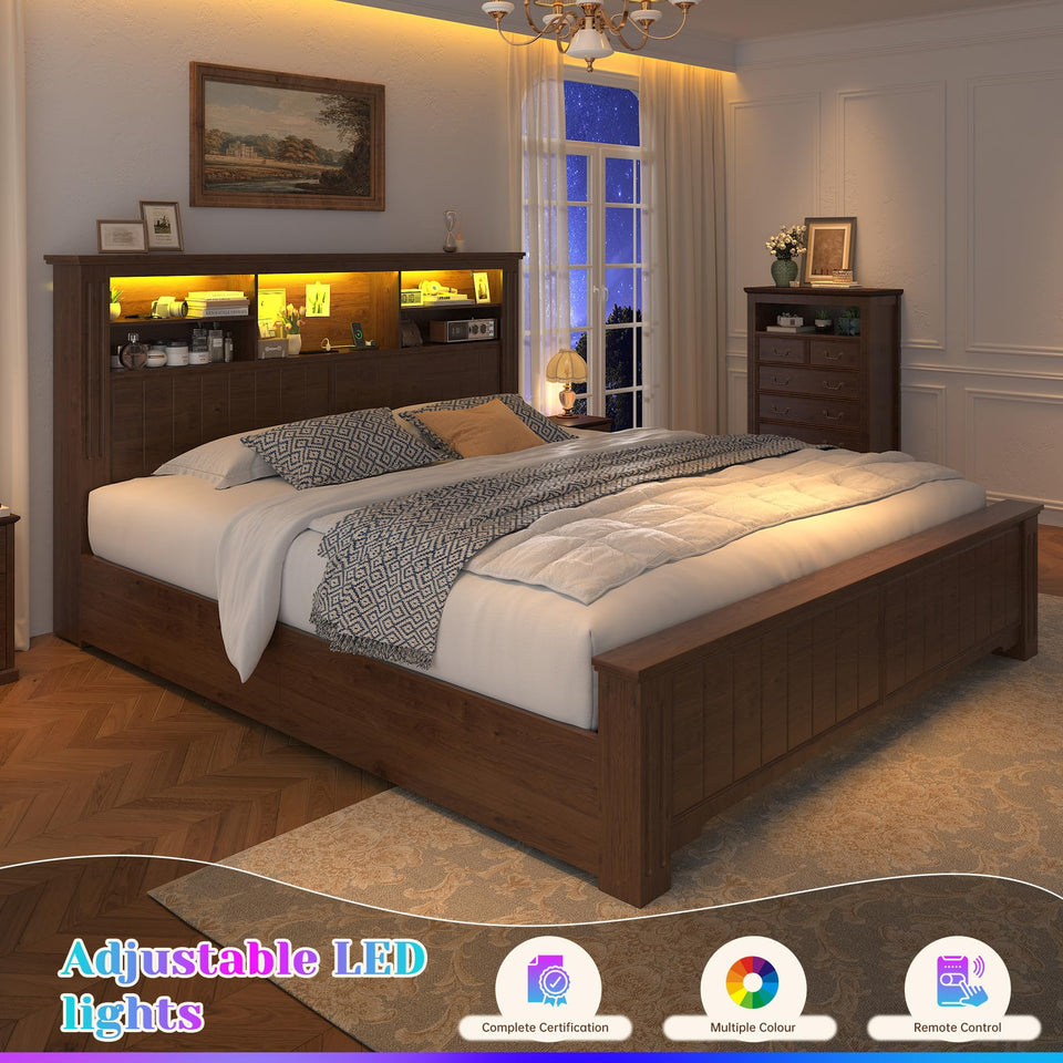 EnHomee King Size Bed Frame and Headboard & Storage, 4 Drawers and LED Built in Charging Station King Bed Frame with Storage Farmhouse,NO Noise,No Box Spring Needed,White