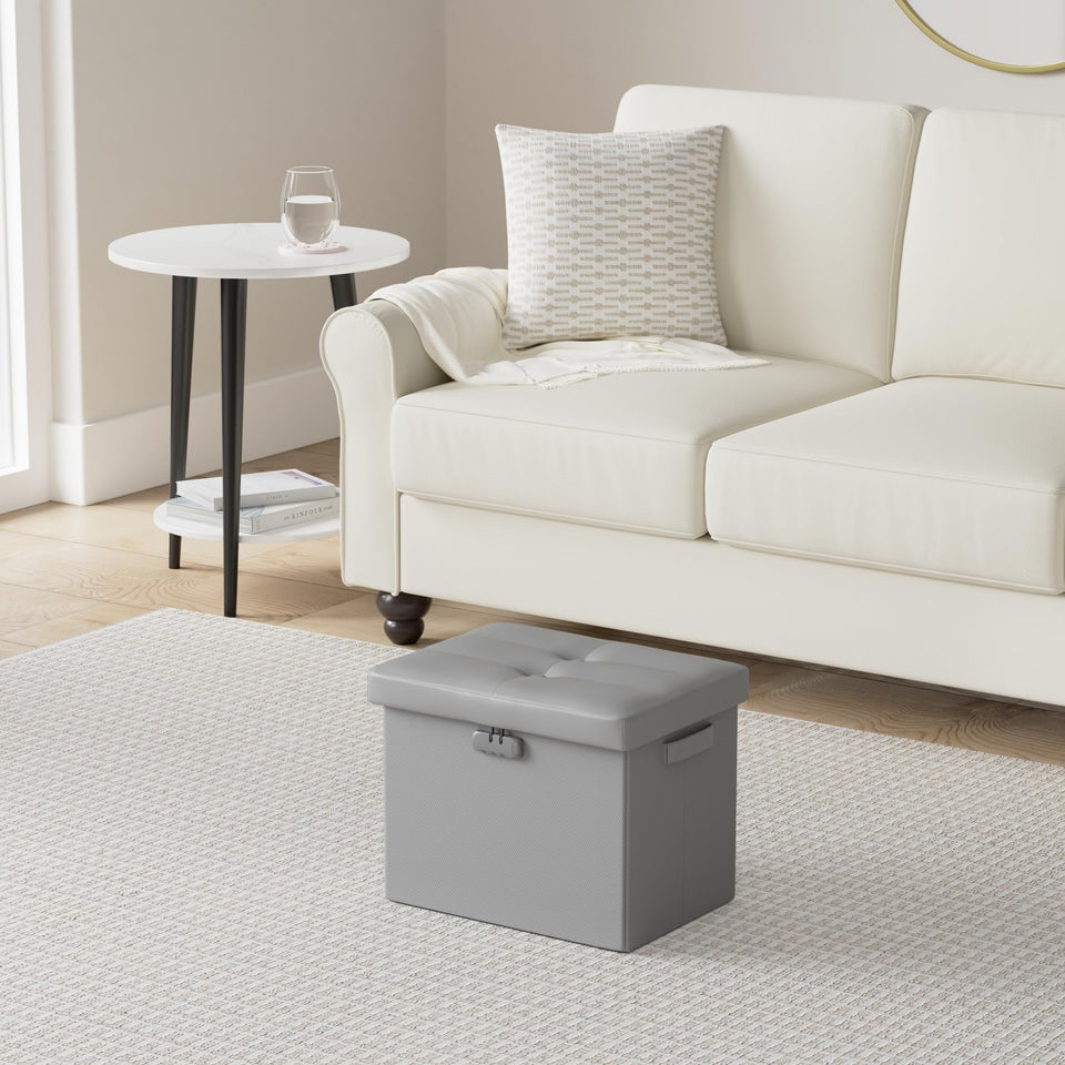 DocSafe Storage Ottoman with Lock,Fireproof Folding Ottoman Foot Rest Stool Storage Chest with Storage Safe for Important Documents,Waterproof 17 Inches Short Ottoman Foot Stool with Handles,Black