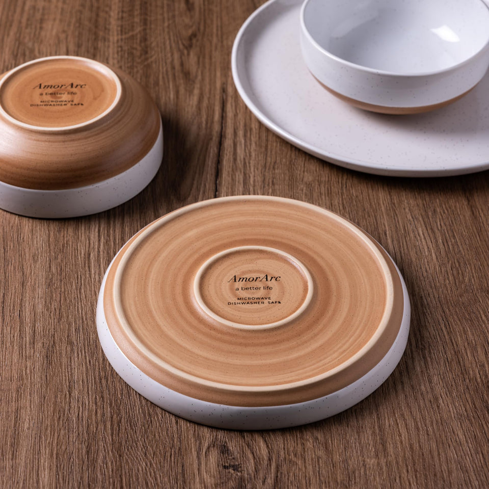 AmorArc Ceramic Dinnerware Sets for 8, 24 Pieces Handpainted Plates and Bowls Set with Rustic Terracotta Underside, Scratch Resistant Stoneware Dishes Set, Dishwasher & Microwave Safe, Light Beige