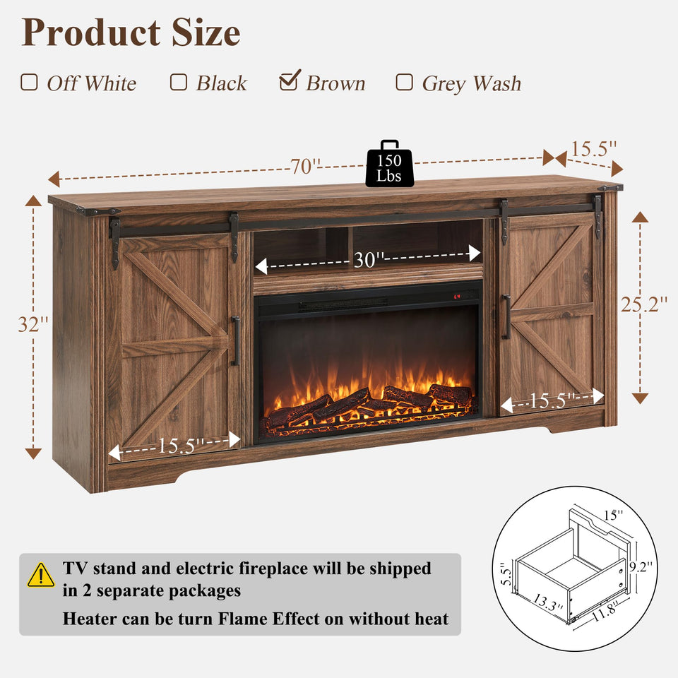 JXQTLINGMU Farmhouse TV Stand for 75+ Inch TV, 32" Tall Entertainment Center w/4 Drawers & Sliding Barn Door, Rustic Media Console w/Storage Shelves, 66" Wood Television Stand for Living Room, Brown