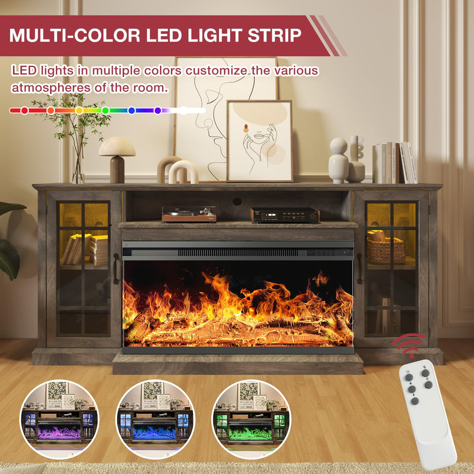 oneinmil 36 Inch 3-Sided Glass Fireplace TV Stand for TVs up to 80", Rustic Media Entertainment Center Console Table with Glass Door Closed Storage, Set of TV Table, White