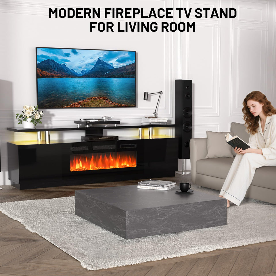 KOKEBREN 70'' Fireplace TV Stand, Entertainment Center with 36'' Firplace, 2 Tier TV Console Cabinet with Storage Cabinet, Electric Fireplace Heater with LED Light and 12 Flame Colors, Black