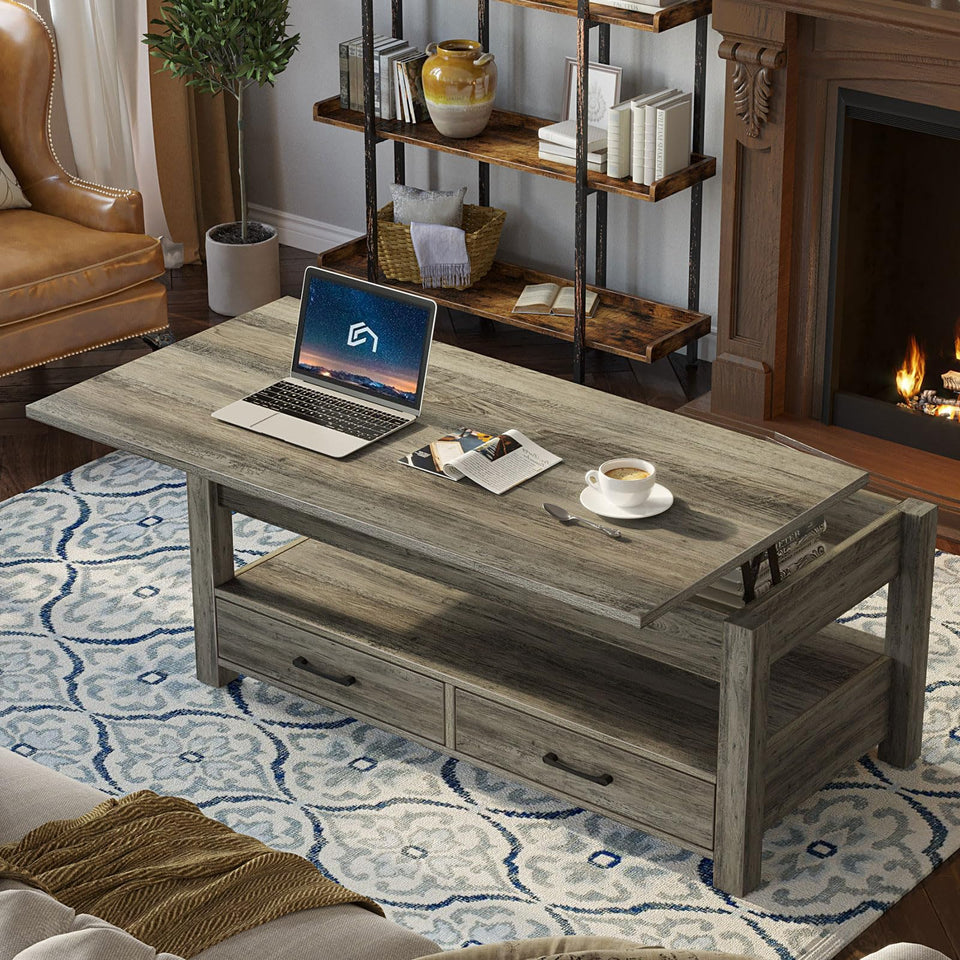 Rolanstar Coffee Table, Lift Top Coffee Table with Drawers and Hidden Compartment, Retro Central Table with Wooden Lift Tabletop, for Living Room,Espresso