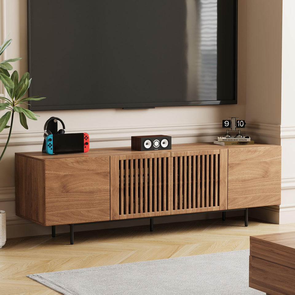 NessCarsti Mid Century Modern TV Stand for 80+ Inch TVs, 94.48" Walnut Console with Ample Storage – Stylish Entertainment Center for Living Room or Bedroom