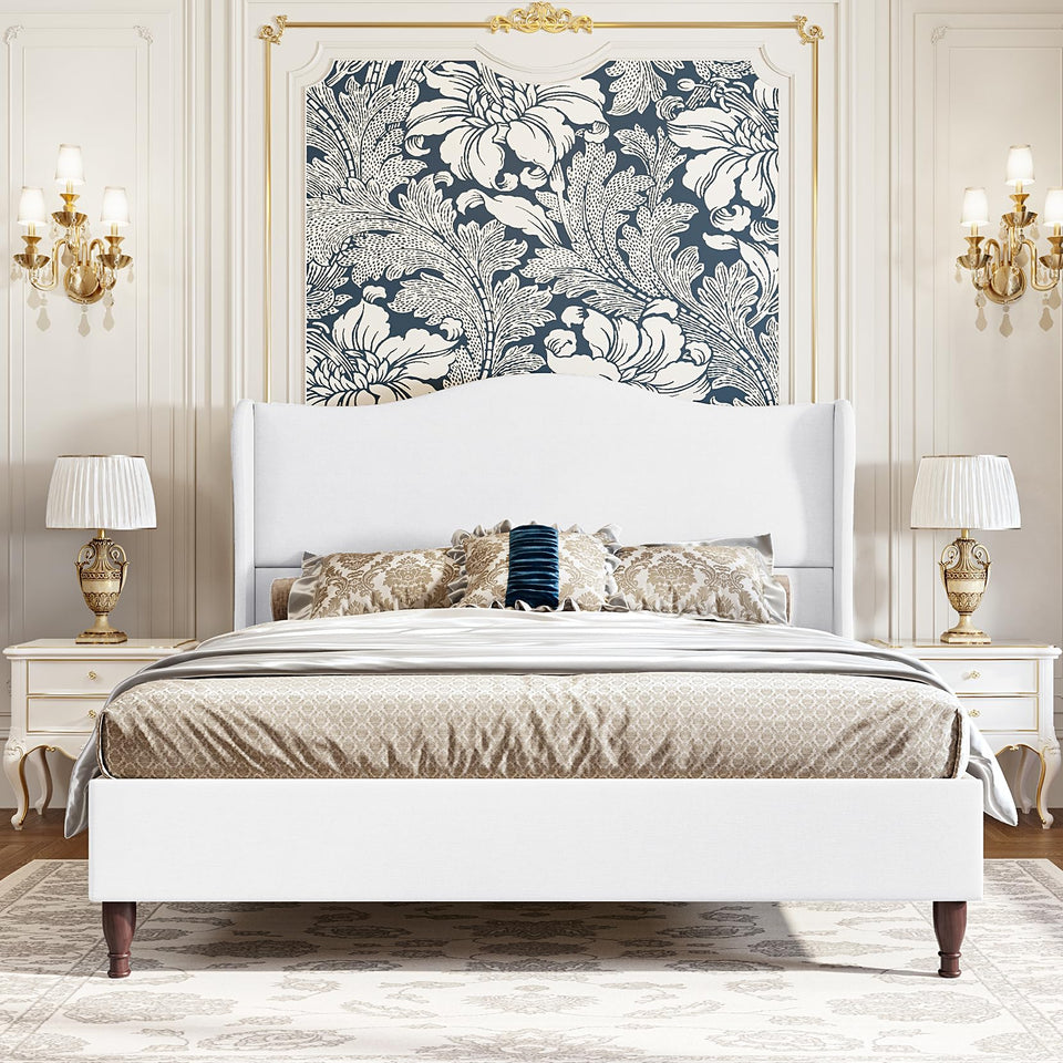 koorlian King Size Bed Frame Upholstered Platform Bed with 51" Tall Headboard Wingback, Soft Fabric, Retro Simple Style Platform Bed No Box Spring Needed, Easy Assembly, Beige