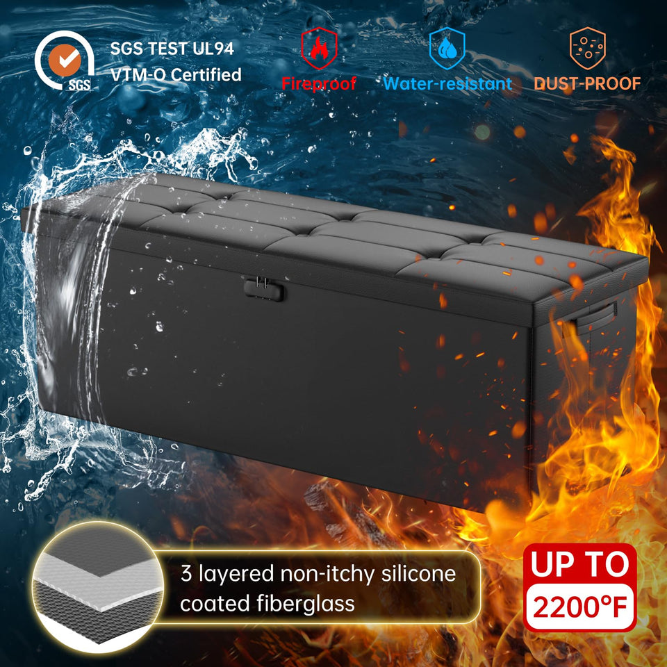 DocSafe Storage Ottoman with Lock,Fireproof Folding Ottoman Foot Rest Stool Storage Chest with Storage Safe for Important Documents,Waterproof 17 Inches Short Ottoman Foot Stool with Handles,Black