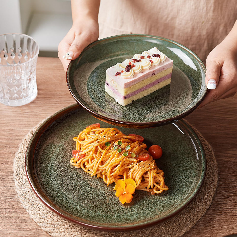 Pokini 24 Piece Dinnerware Sets for 8, Modern Stoneware Plates and Bowls Setst, Perfect for Family Gatherings & Holiday Celebrations, Easy Cleaning Dishes Set, Stack Compactly Dishware, Brown Green