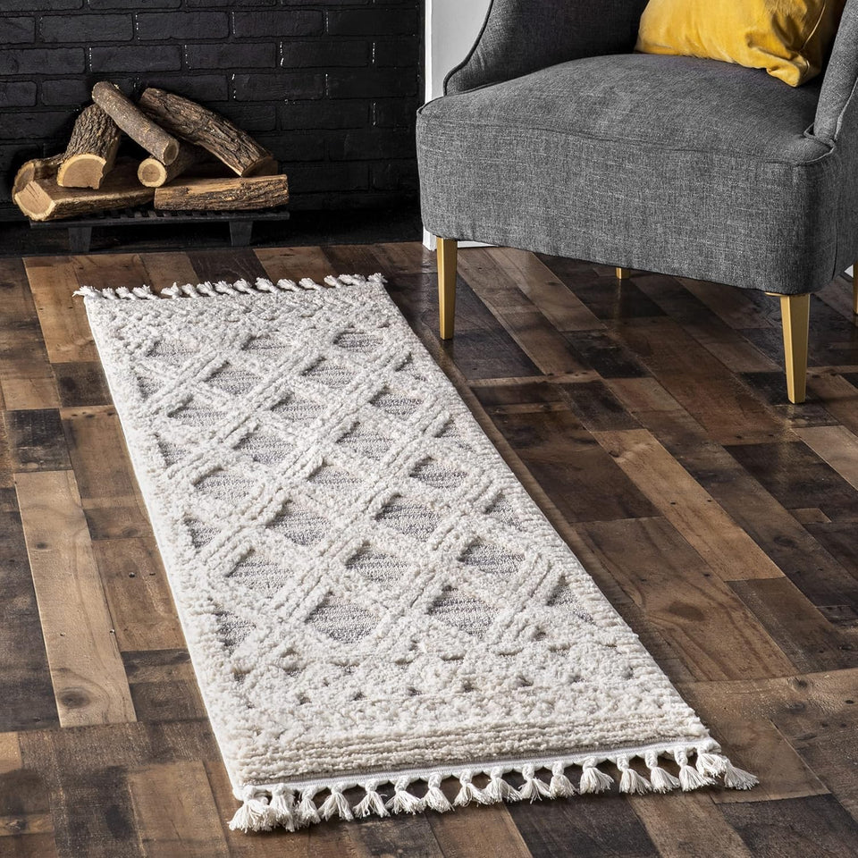 nuLOOM 8x11 Ansley Moroccan Tassel Area Rug, Light Grey, High-Low Textured Bohemian Design, Plush High Pile, Stain Resistant, For Bedroom, Living Room, Hallway, Entryway