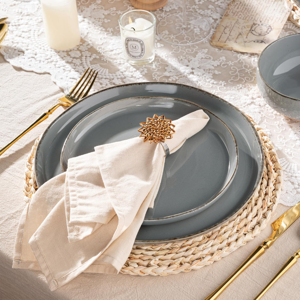 AmorArc Ceramic Dinnerware Sets for 8, 24 Pieces Handpainted Plates and Bowls Set with Rustic Terracotta Underside, Scratch Resistant Stoneware Dishes Set, Dishwasher & Microwave Safe, Light Beige