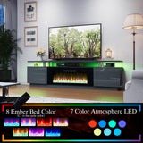 AMERLIFE Fireplace TV Stand with 36" Fireplace, 70" Modern High Gloss Fireplace Entertainment Center LED Lights, 2 Tier TV Console Cabinet for TVs Up to 80", Obsidian Black