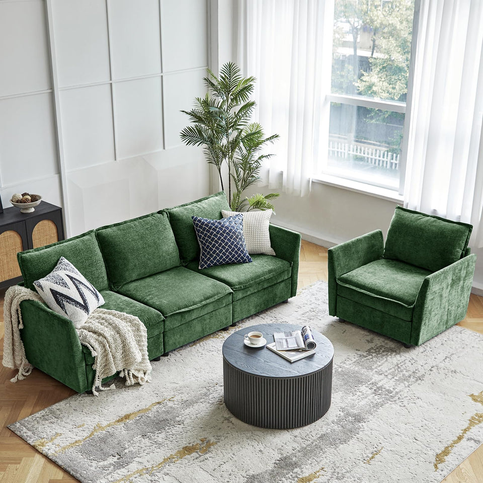 HULALA HOME 127'' Modular Sectional Sofa, Oversized U Shaped Couch with Storage Ottoman, Comfy Chenille Sofa with Deep Seat, 6 Seat Convertible Couches for Living Room, Beige