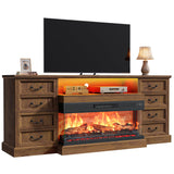 Huuger Fireplace TV Stand with LED Lights for 75 Inch TV, 3-Side Glass Fireplace Entertainment Center, 70 Inch Farmhouse Television Stands Stand with 4 Deep Drawers for Living Room, Brown