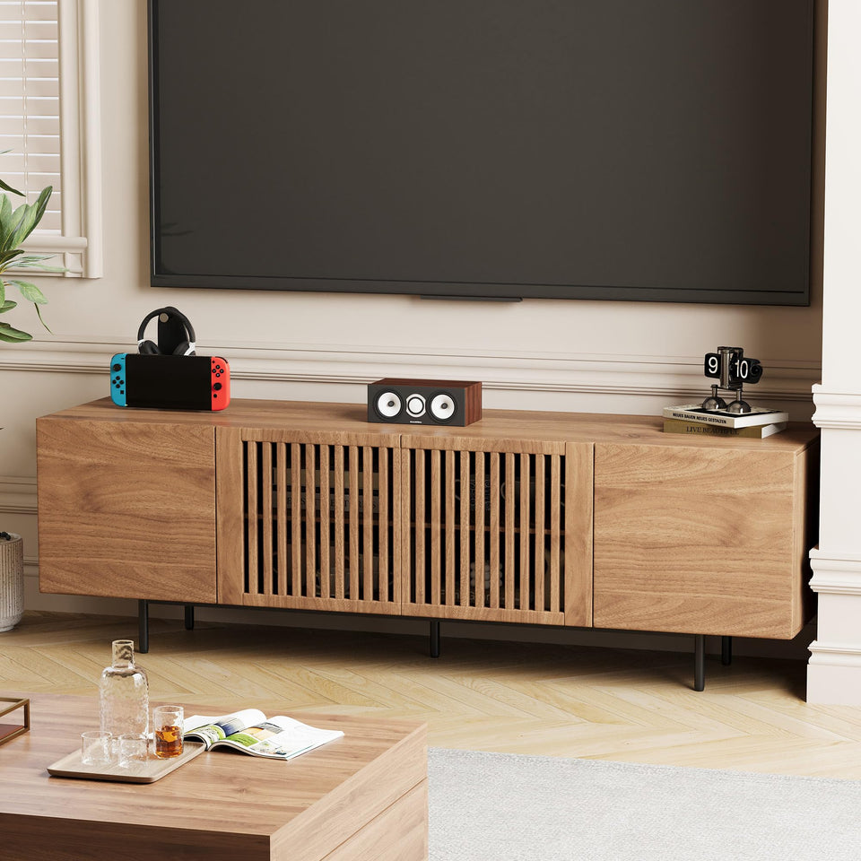 NessCarsti Mid Century Modern TV Stand for 80+ Inch TVs, 94.48" Walnut Console with Ample Storage – Stylish Entertainment Center for Living Room or Bedroom