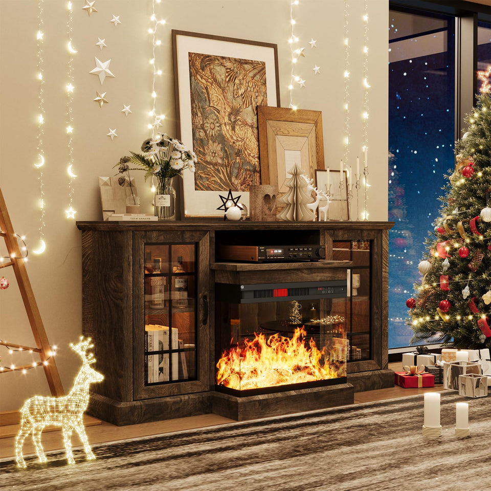 oneinmil 36 Inch 3-Sided Glass Fireplace TV Stand for TVs up to 80", Rustic Media Entertainment Center Console Table with Glass Door Closed Storage, Set of TV Table, White