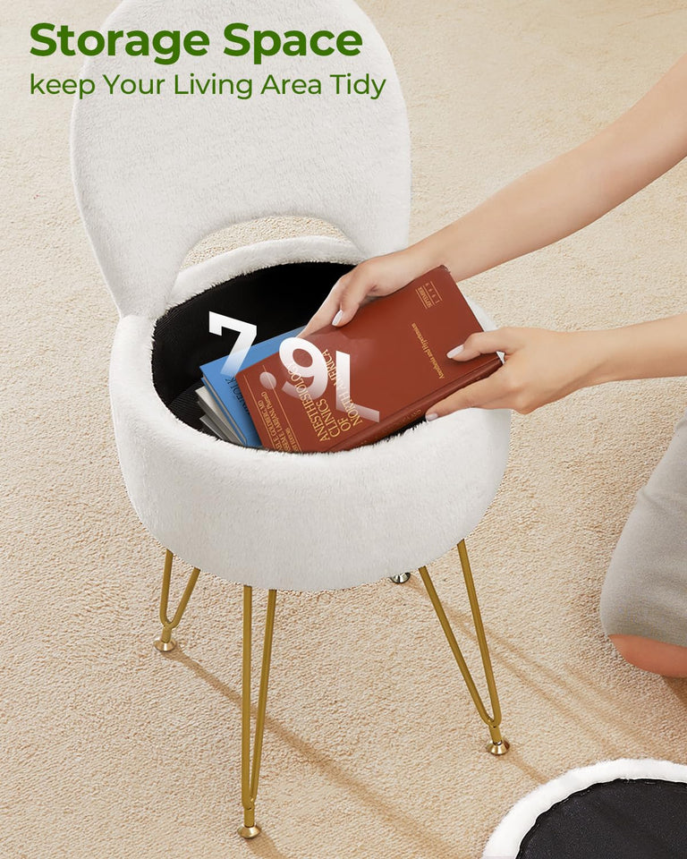 GREENSTELL Small Vanity Stool Chair with Storage and Folding Back, 13" x 13" x 17.7" Faux Fur Soft Ottoman for Teenager, 4 Metal Legs with Anti-Slip Feet, Furry Padded Seat for Makeup, Bedroom, White