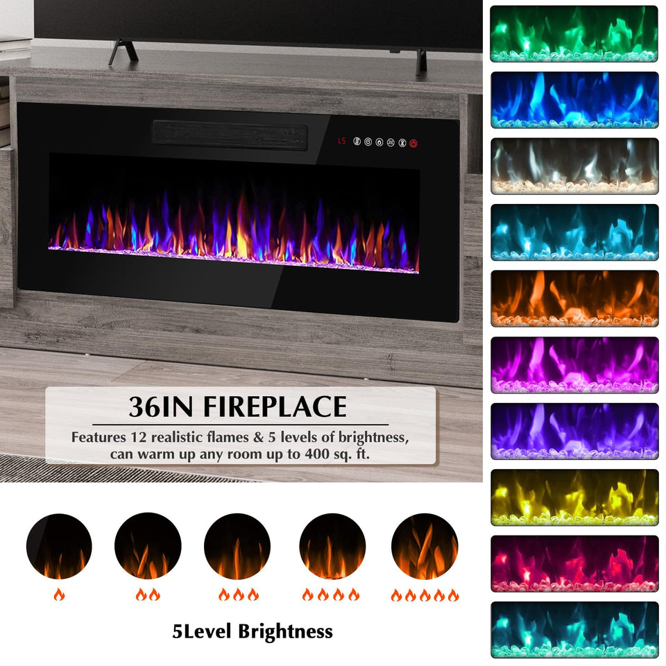 Lemberi Fireplace tv Stand with 36 inch Fireplace Up to 90" TVs, LED Light Entertainment Center and Storage, 80" Modern Wood Media TV Console with Highlight Cabinet for Living Room (White)