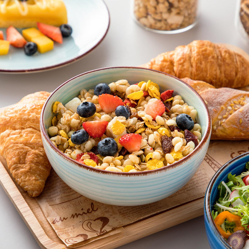 vancasso Bonita Dinnerware Set 24 Pieces Blue Stoneware Service for 6, Handpainted Spirals Pattern Stoneware Combination Set