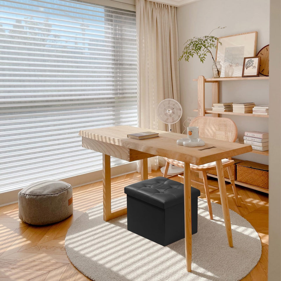 AmasSmile Storage Ottoman Folding Foot Rest Stool, Leather Footstool Bench, Short Ottoman Stool, Storage Foot Rest Store, Books (Black, 17" D x 13" W x 13" H)