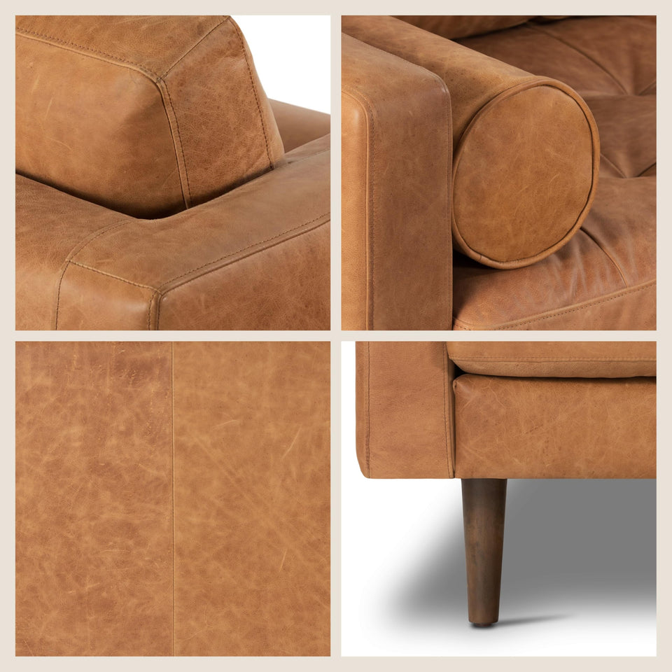 POLY & BARK Napa 72" Apartment Sofa – Italian-Tanned Full-Grain Pure-Aniline or Semi-Aniline Leather, Feather-Down Cushioning, Kiln-Dried Solid Wood Frame, Walnut Legs - Cognac Tan