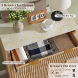 T4TREAM Fluted 7 Drawers Dresser, 54" Wide Modern Chest of Drawers with Faux Marble Top, Curved Profile Design, Dresser TV Stand, Wood Drawer Organizer for Bedroom, Living Room, Hallway, Natural Oak