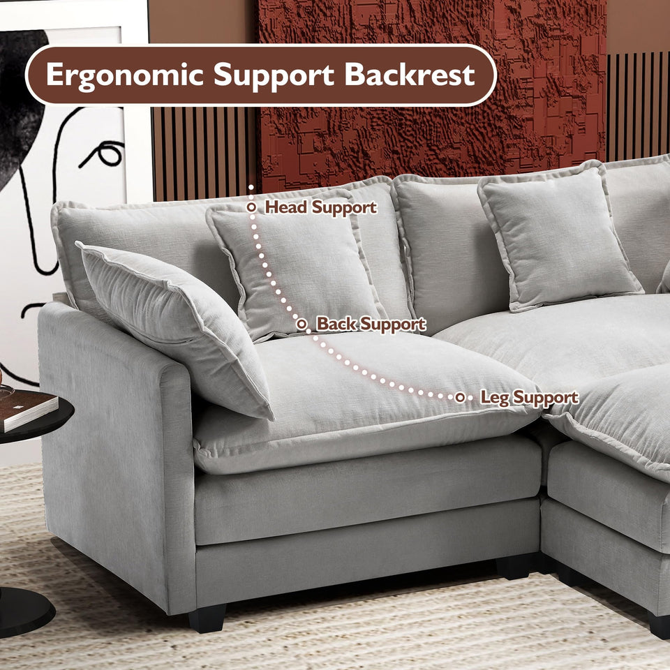 Ihanherry 146" U-Shaped Modern Sofa Modular Sectional Cloud Couch with 2 Ottoman, 6-Seat Chenille Deep Seat Sofa with 6 Pillows for Living Room, Bedroom and Apartment, Grey