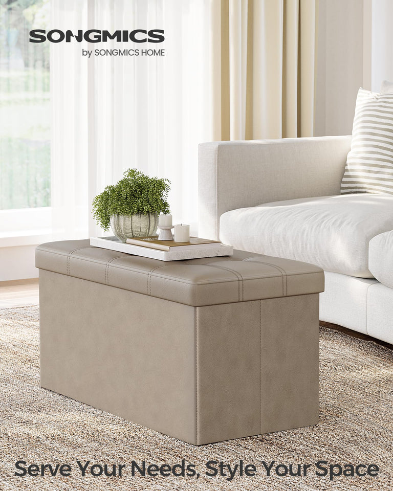 SONGMICS MAZIE Collection - 43 Inches Folding Storage Ottoman Bench, Ottoman with Storage, Foot Rest Stool, Load 660 lb, for Living Room, Synthetic Leather, Black ULSF701