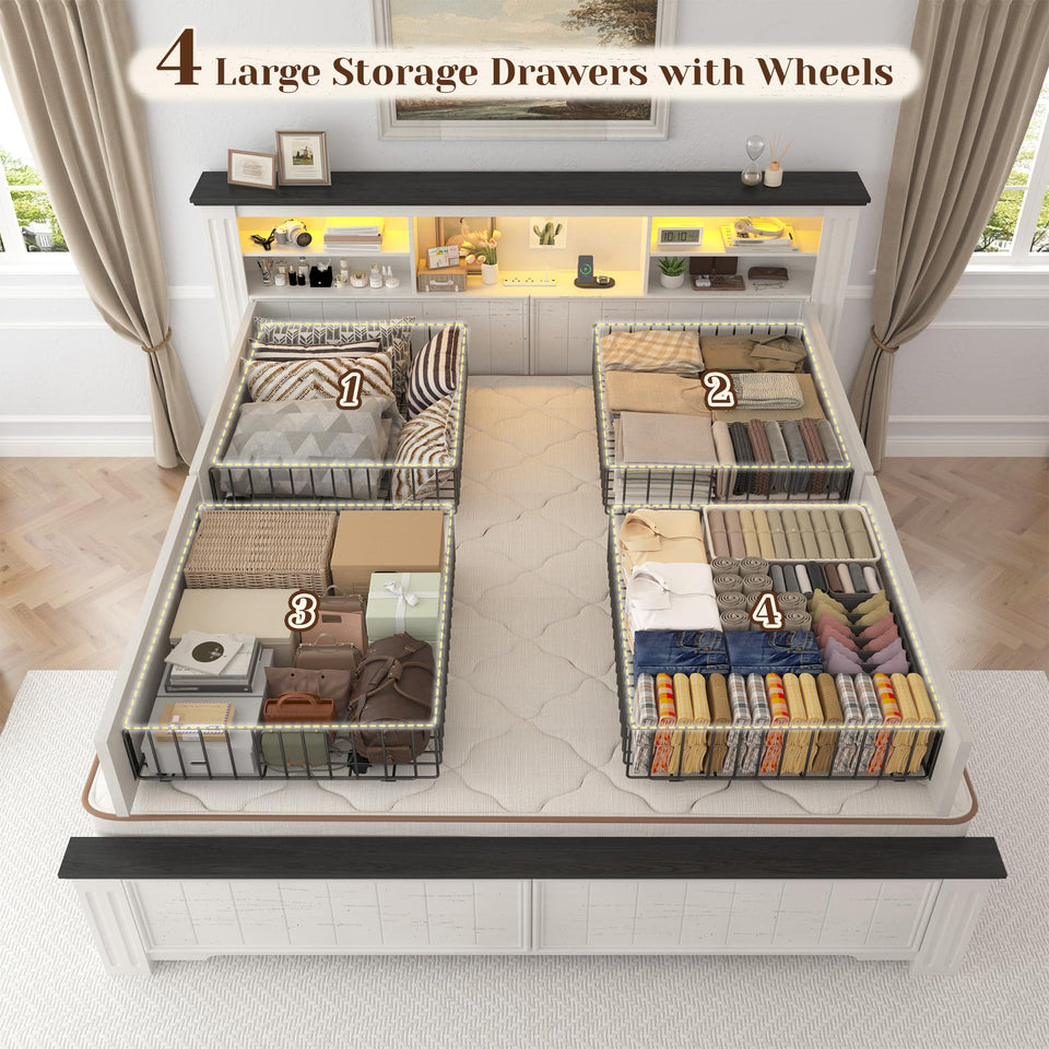 EnHomee King Size Bed Frame and Headboard & Storage, 4 Drawers and LED Built in Charging Station King Bed Frame with Storage Farmhouse,NO Noise,No Box Spring Needed,White