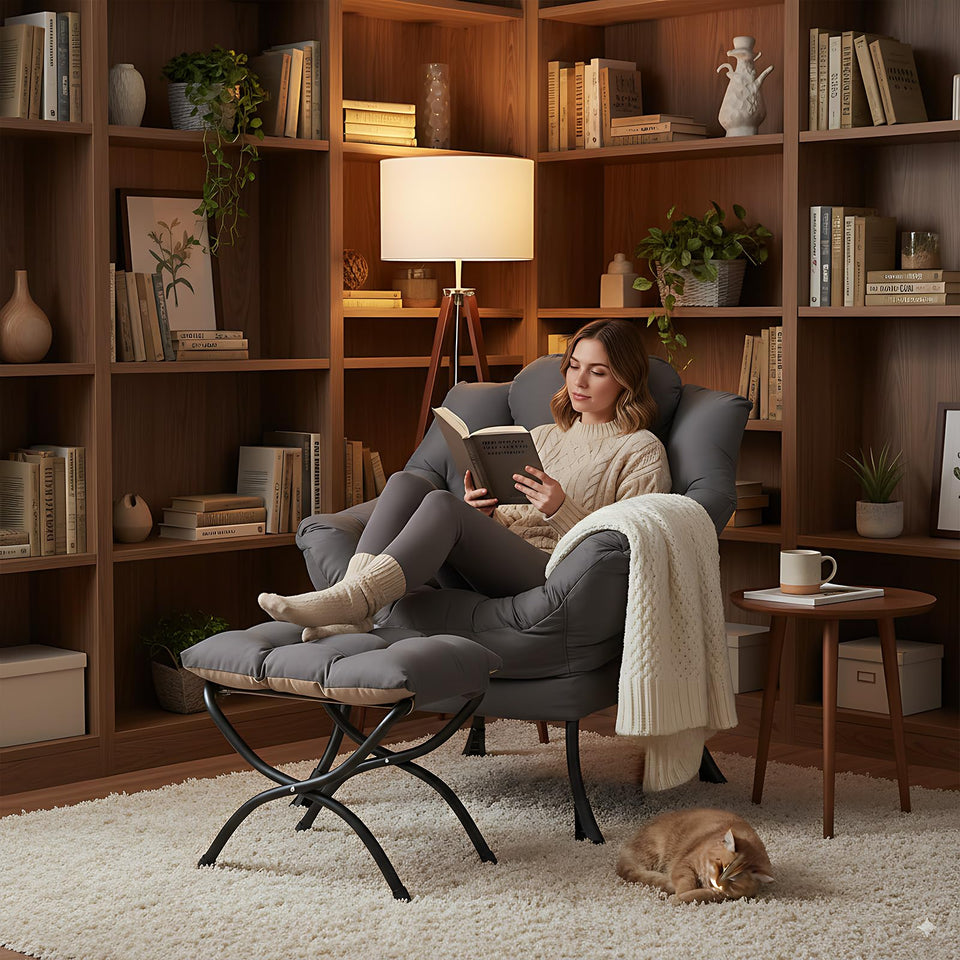 LITA Lazy Chair with Ottoman, Modern Accent Leisure Upholstered Lazy Sofa Armchair, Contemporary Lounge Reading Chair with Armrests and a Side Pocket for Living Room, Bedroom & Small Space, Dark Grey