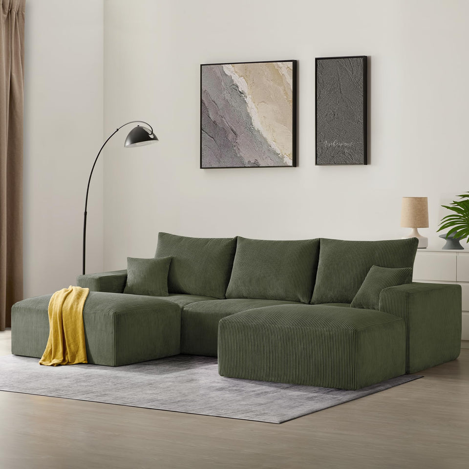 Sectional Cloud Boneless Sofa Couches for Living Room-113'' Beige 3 Seater U-Shaped Modern Lounge Couch-No Assembly Modular Corduroy Convertible Sponge Sleeper Sofas with Chaise for Home House