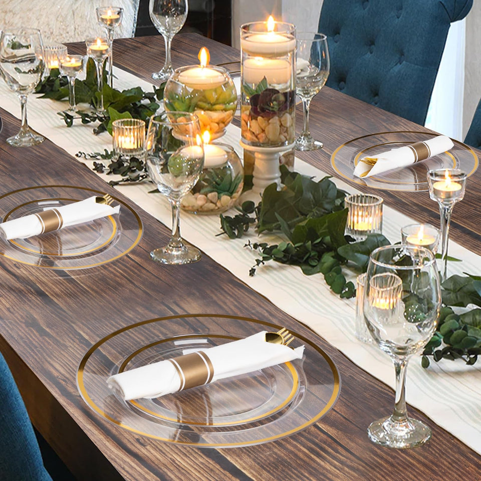 Goodluck 700 Piece Dark Blue Plastic Dinnerware Set for Party, Clear Disposable Plates for 100 Guests, Include: 100 Dinner Plates, 100 Dessert Plates, 100 Pre Rolled Napkins with Cutlery Set, 100 Cups