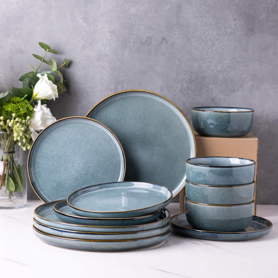 GBHOME Ceramic Dinnerware Sets for 8, 24 Pieces Stoneware Plates and Bowls Sets, Scratch Resistant Dishes, Dishwasher & Microwave Safe, Reactive Glaze-Green Wheat