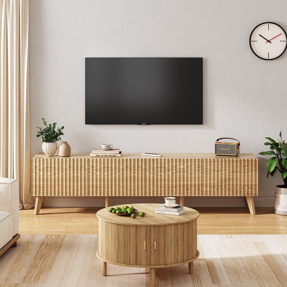 UKAOCAI 86.61'' Tambour TV Stand for 55-85 Inch, Modern Entertainment Center with Large Storage Cabinet & Open Shelves, TV Console with Sliding Doors for Living Room, Bedroom, Natural